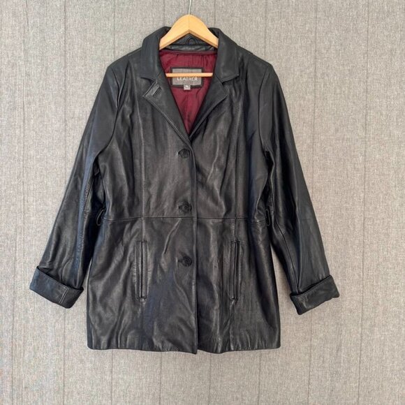 Vintage Wilsons Leather Black Leather Thinsulate Zip Out Vest Button Front Coat - Picture 1 of 17